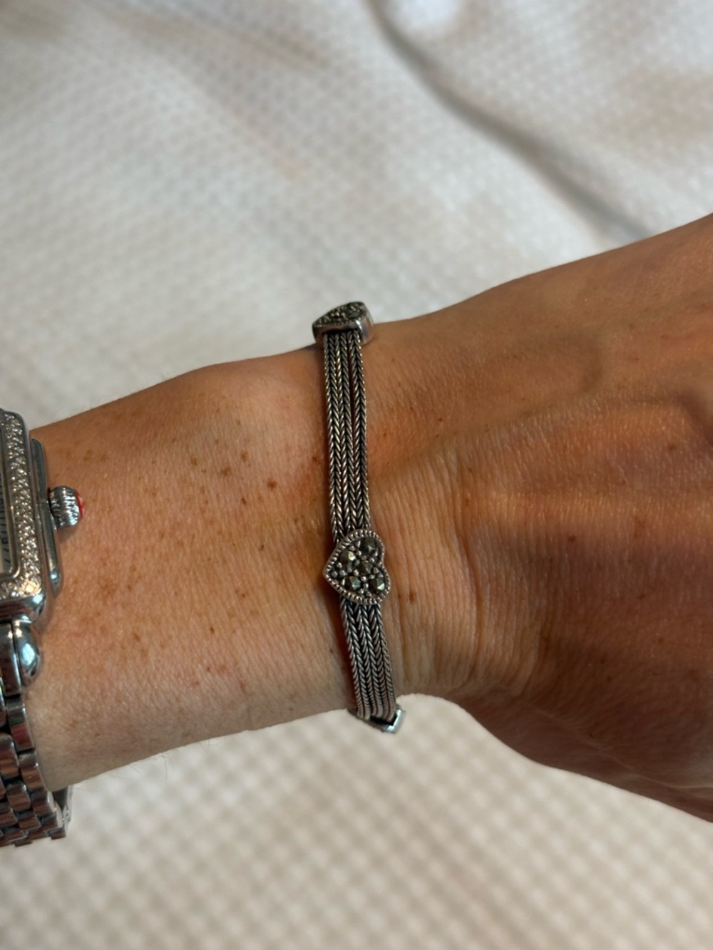 925 Sterling Silver Marcasite Heart Multi Strand Bracelet Vintage Italy Style - Picture 2 of 4